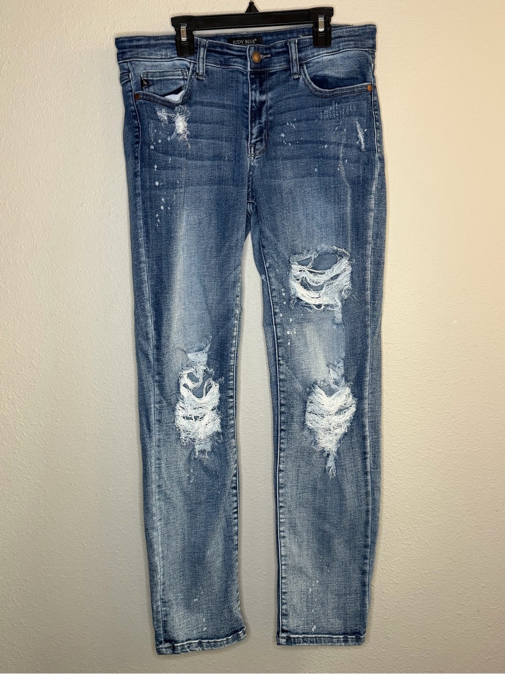 Judy Blue Jeans Womens 11/30 Blue Boyfriend Fit Destroyed Bleach Splatter Denim